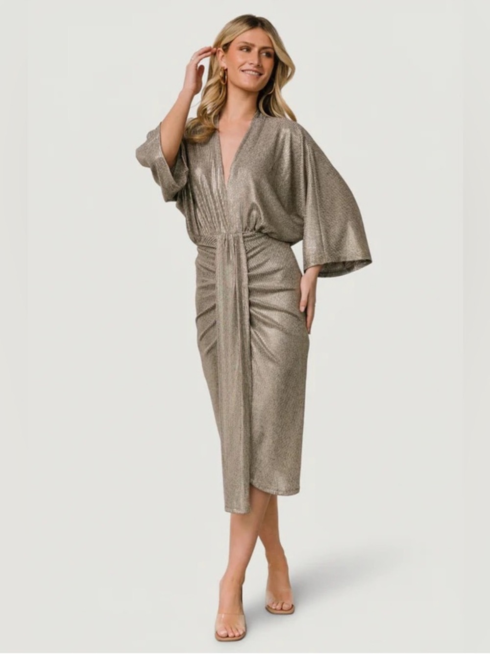 Metallic Silver Kimono Sleeve Midi Dress